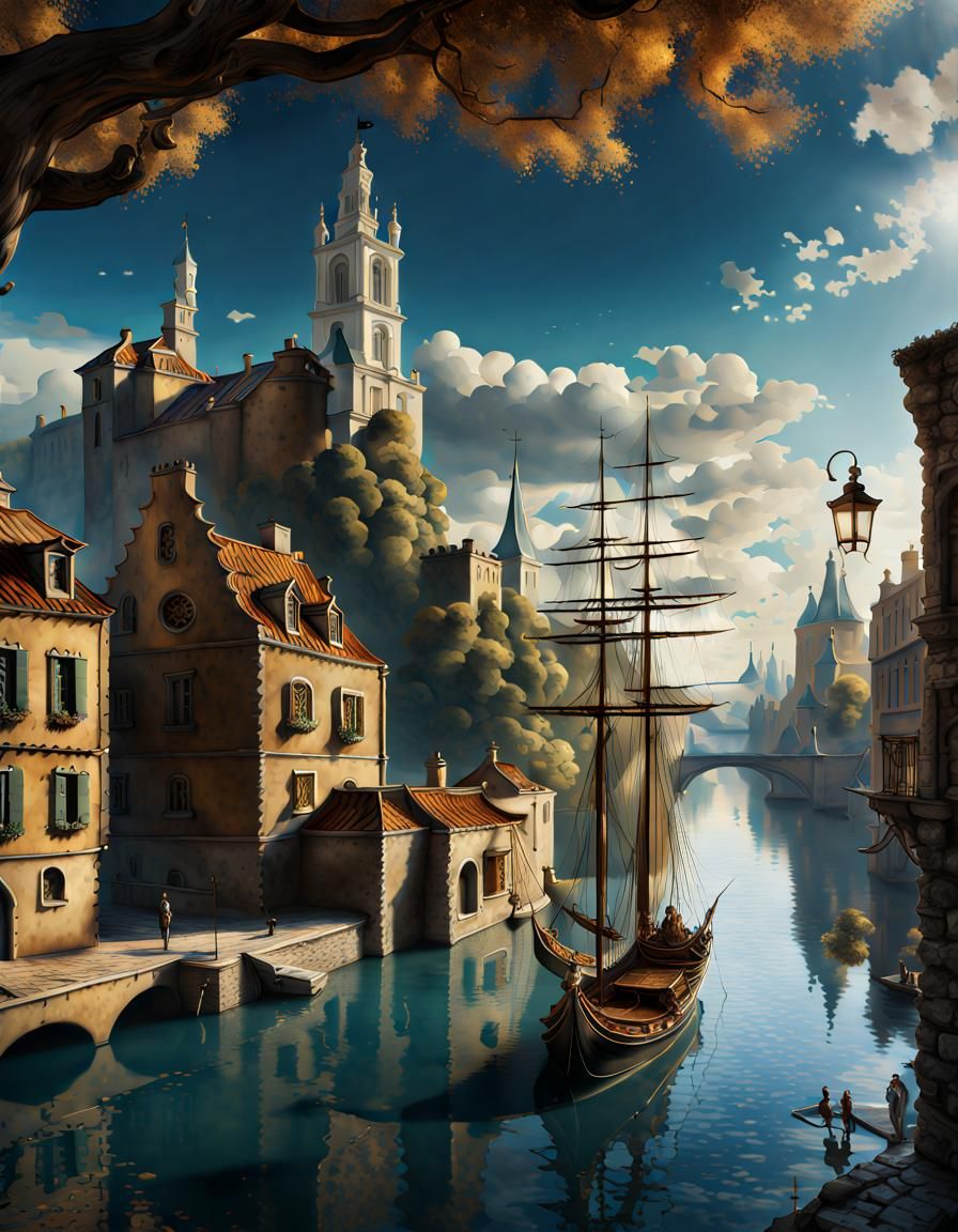 River, boat, bridge, with