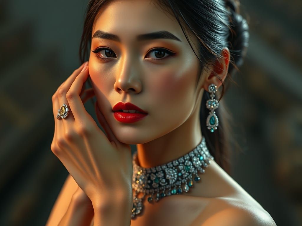 Elegant Chinese Model in Diamond Jewelry: Matte Painting