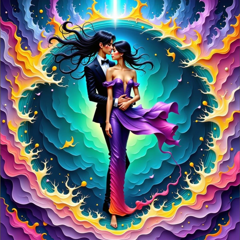 Couple Embracing Amidst Elemental Forces