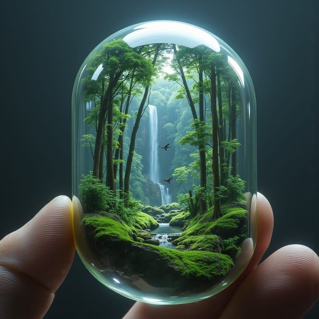Miniature Rainforest in Glass Capsule: Hyperrealistic Image