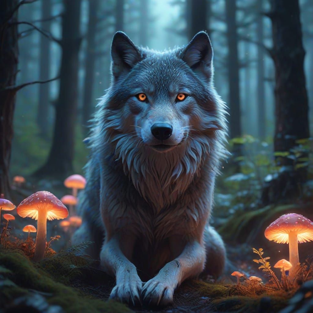 Mystic Wolf in a Bioluminescent Forest