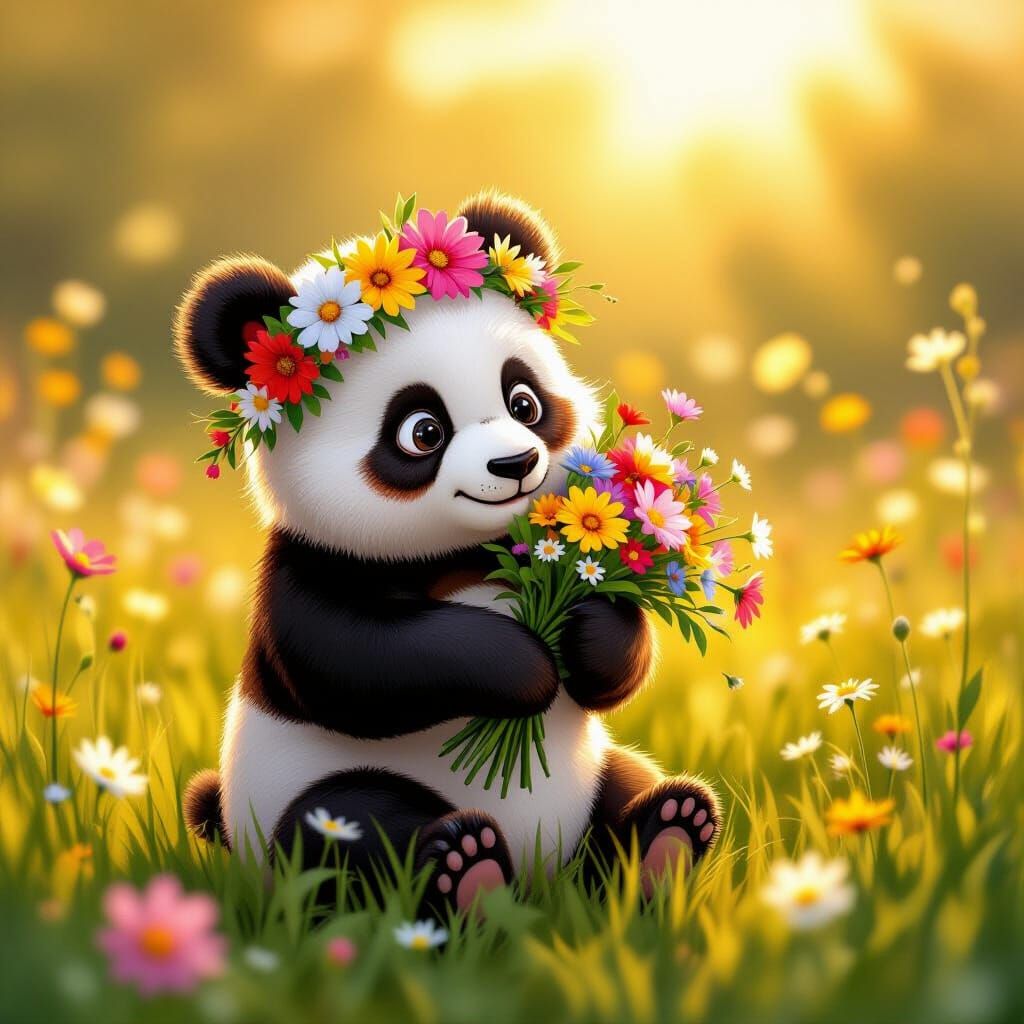 Cute Panda Picks Flowers in Golden Hour Meadow