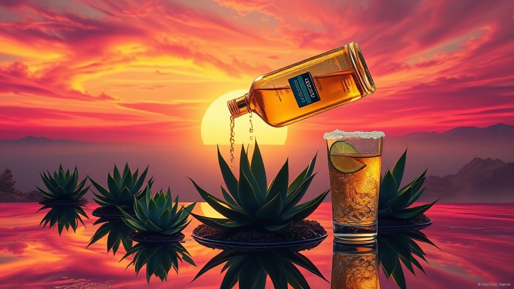 Surreal Tequila Sunrise Scene with Floating Islands