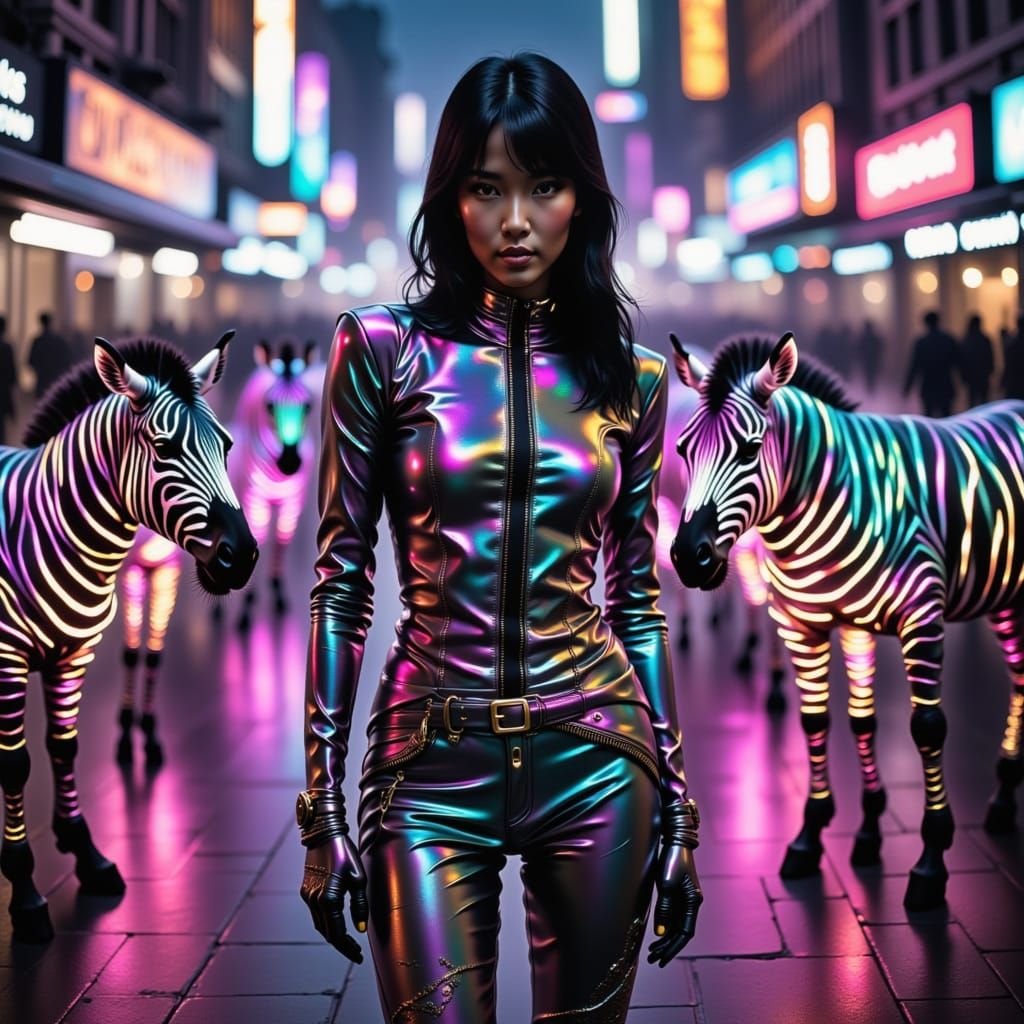 Stylish Woman in Neon Cityscape with Futuristic Zebras
