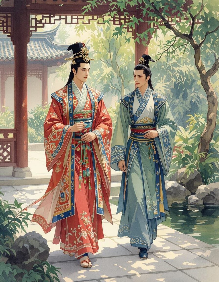 Regal Asian Prince in Palace Garden, Classical Realism Style