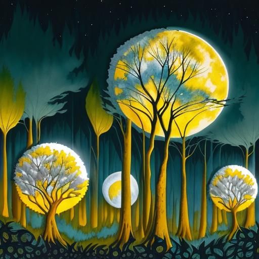 Moonlit Arabesque Forest Trees in Impasto Alcohol Ink