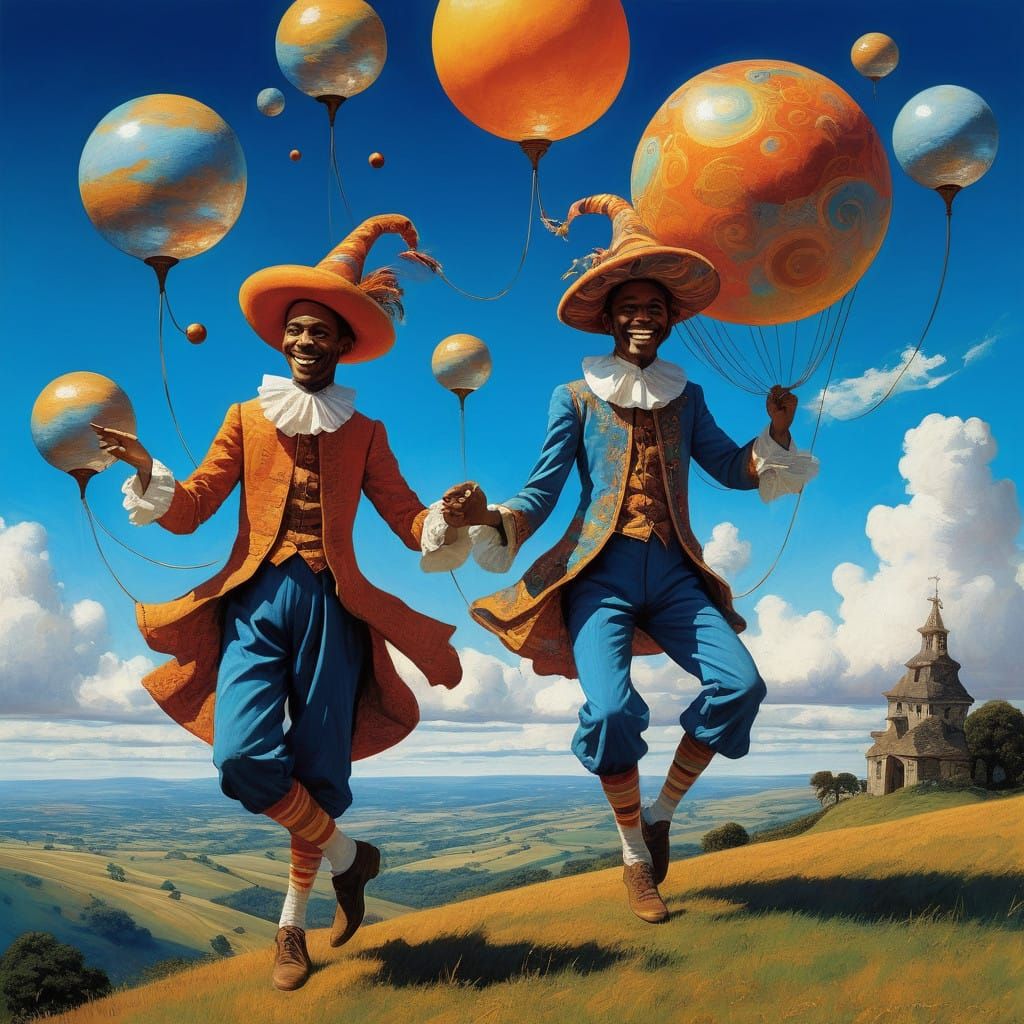 Jesters Dancing on a Wire in Vibrant Whimsy