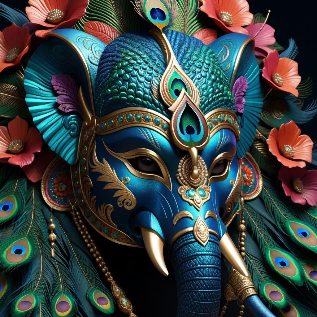 Peacock Elephant Mask: Detailed Matte Painting