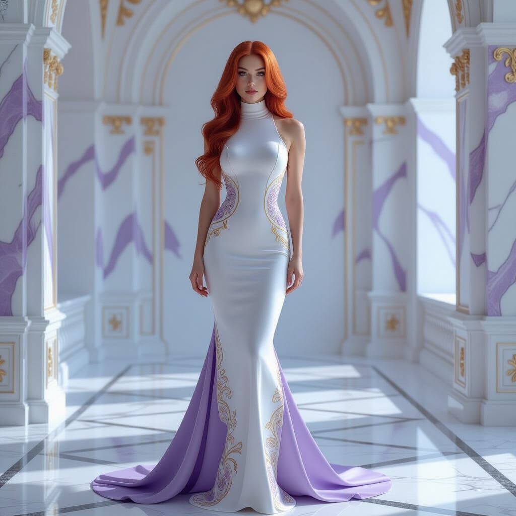Woman in White, Lilac, Gold Dress in Marble Room