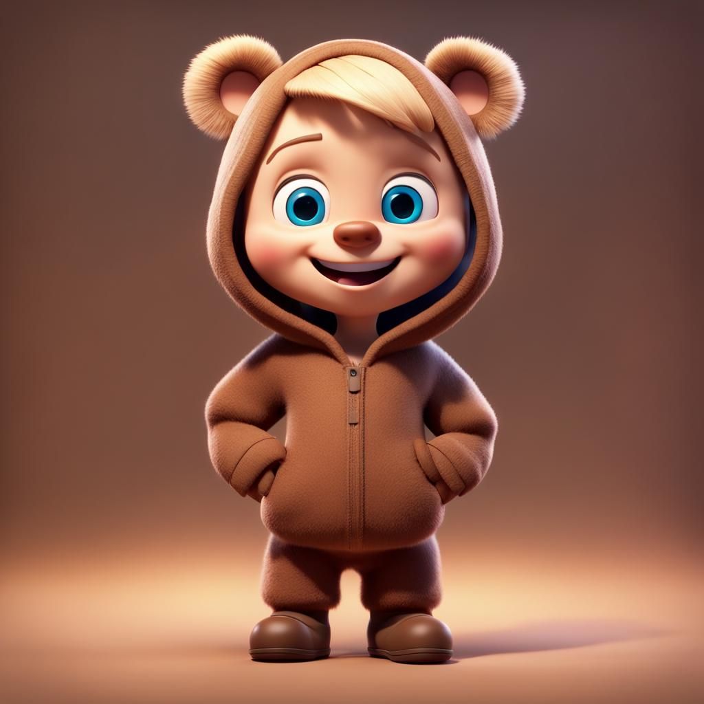 A Young Adventurer in a Brown Bear Suit Smiles in a Vibrant,...