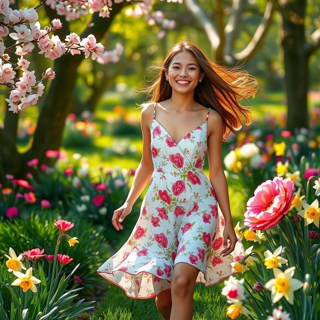 Young Woman Strolls Through Whimsical Garden in Full Bloom