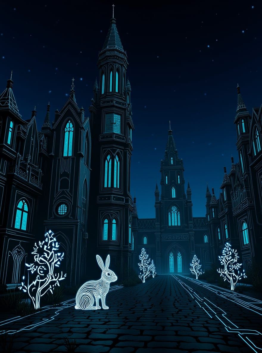 Gothic Cityscape of Glowing Code and Data