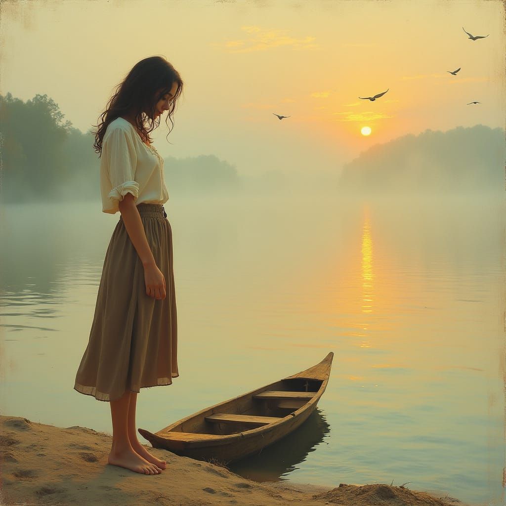 Woman at Sunrise on Serene Lake, Stepping Forward