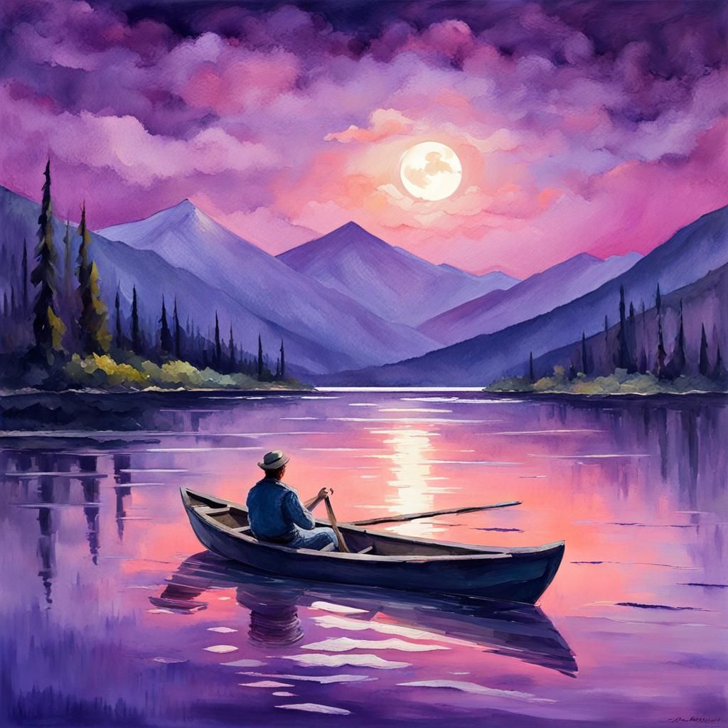 Man in Boat on Lake: Gouache Watercolor Painting