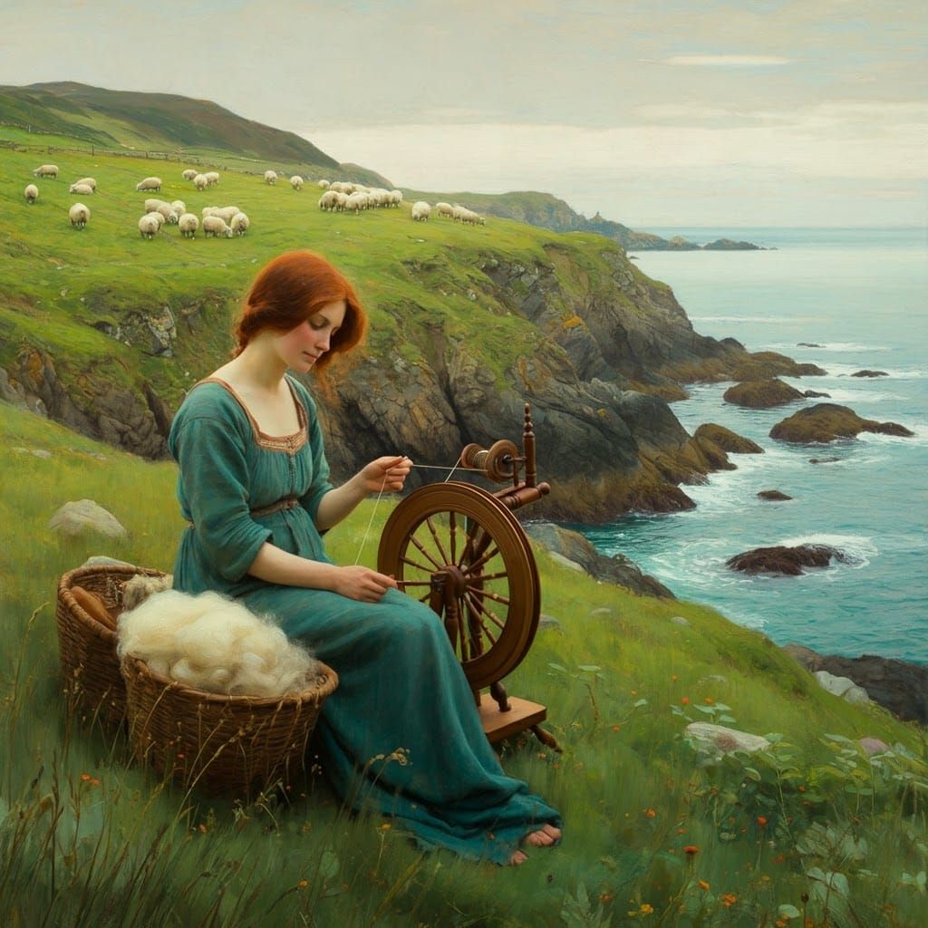 Coastal Spinner in Pre-Raphaelite Style with Sheep