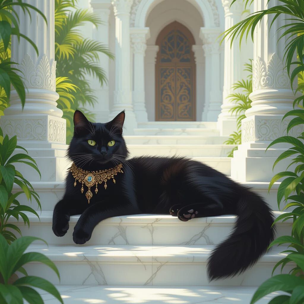 Black Cat on Marble Steps in Hyperrealistic Style