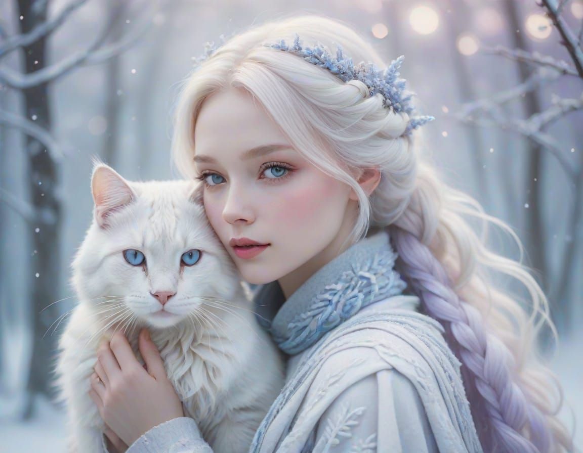 Ethereal Winter Maiden with Albino Cat in Serene Starlight
