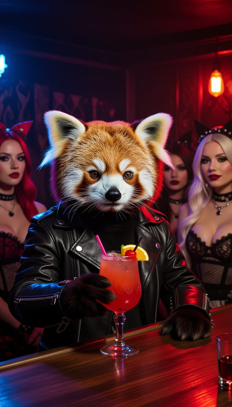 Punk Red Panda Enjoys Cocktail in Gothic Nightclub