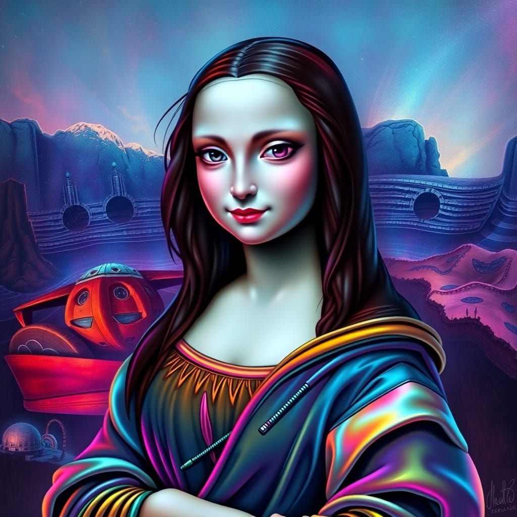 Ethereal Alien Mona Lisa Confronts the Cosmos in Modern Styl...