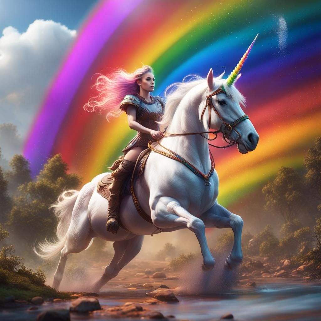 Grace Riding a Rainbow Unicorn in Fantasy Art