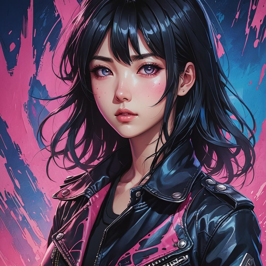 Vibrant Anime Portrait of Korean Girl in Leather