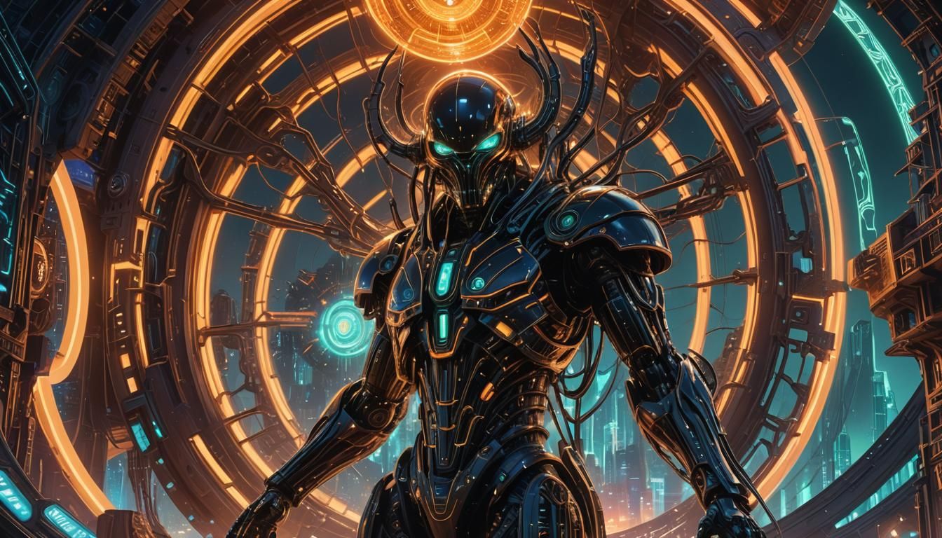 Interdimensional Being at Alien Portal in Solar-Punk City