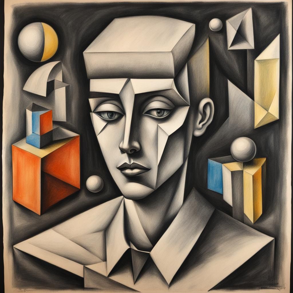 Vintage Cubist Spacecore Charcoal Drawing