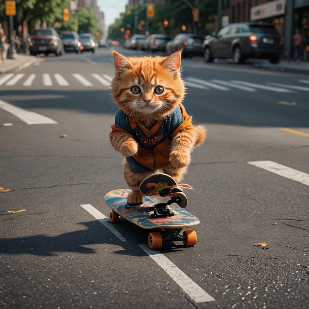 Fluffy Orange Kitten Skateboarding in New York