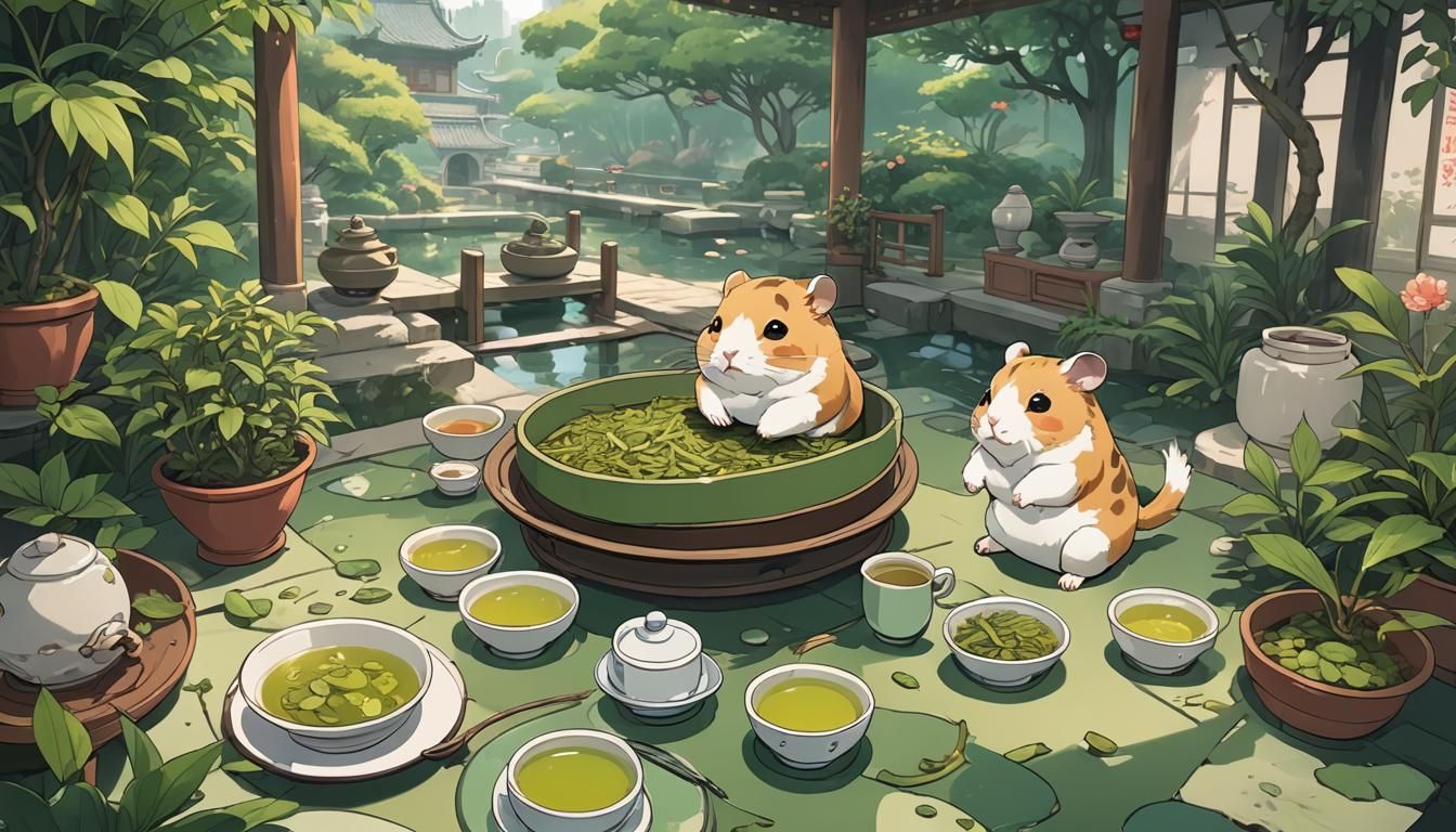 Chinese Garden Green Tea Hamster in Anime Style