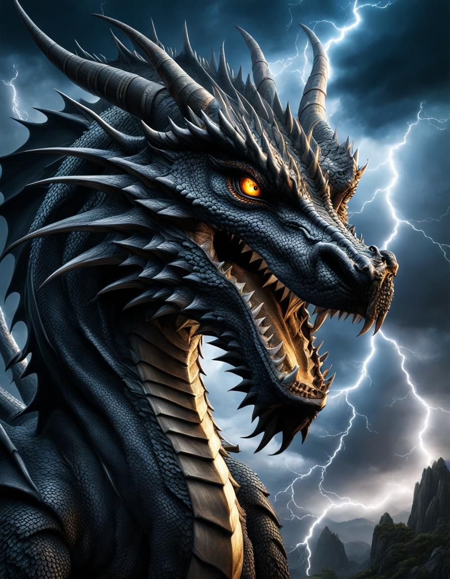 Dramatic Black Dragon in Lightning Storm: Hyperrealistic Ren...