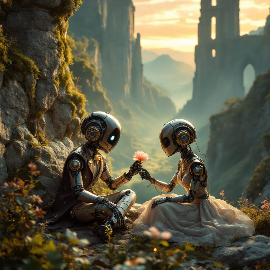 Chibi Robots in Victorian Attire Share Picnic by Ancient Rui...