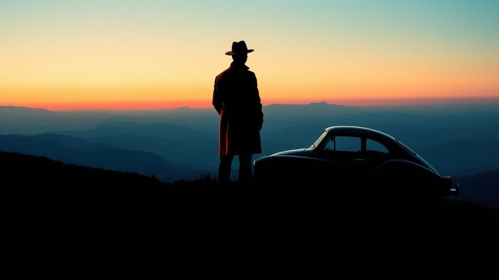 Epic Film Noir Landscape with Traction Avant Car and Figure