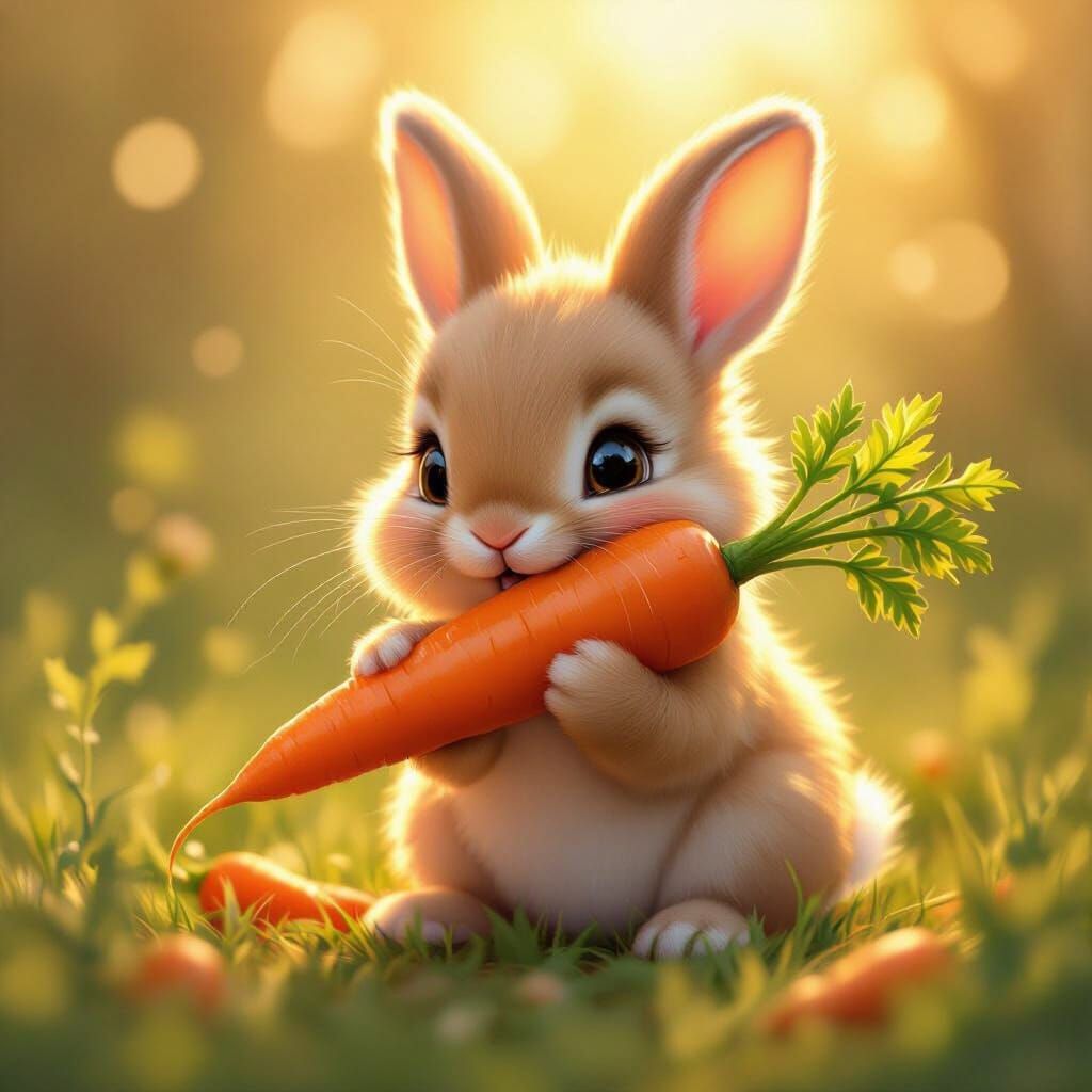 Adorable Baby Bunny Eats Carrot in Golden Hour Glow