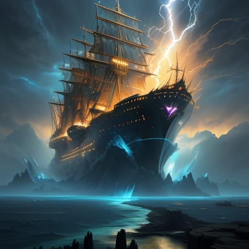 Colossal Crystal City Above Stormy Ocean at Sunset