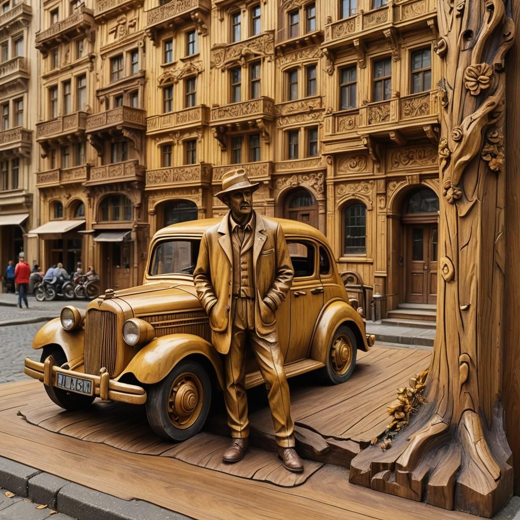 Rustic Wooden Sculpture of Vintage Street Scene