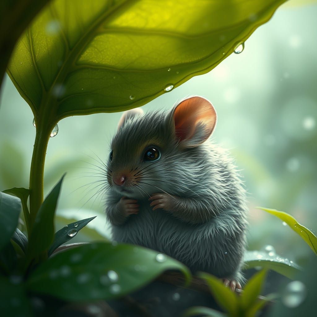 Mouse in Mystical Forest, Huddled Under Leaf in Rain