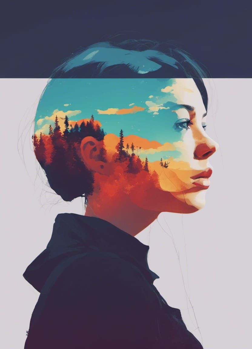 Female Silhouette Double Exposure in Minimalist Style