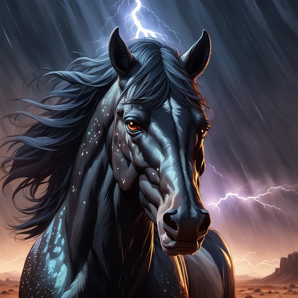 Black Stallion in Desert Storm: Hyperdetailed Portrait