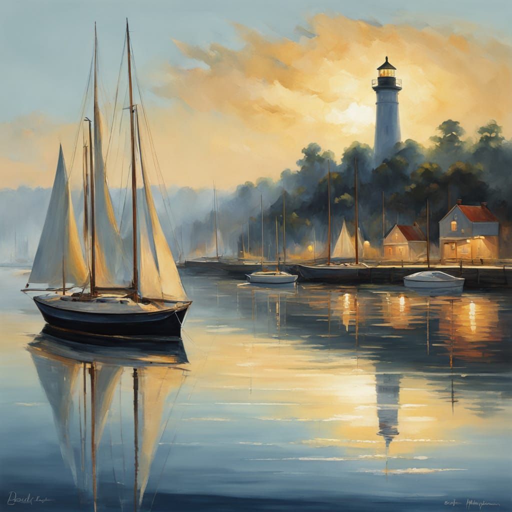 Impressionistic Harbor at Dusk: Sailboats Docked in Golden H...