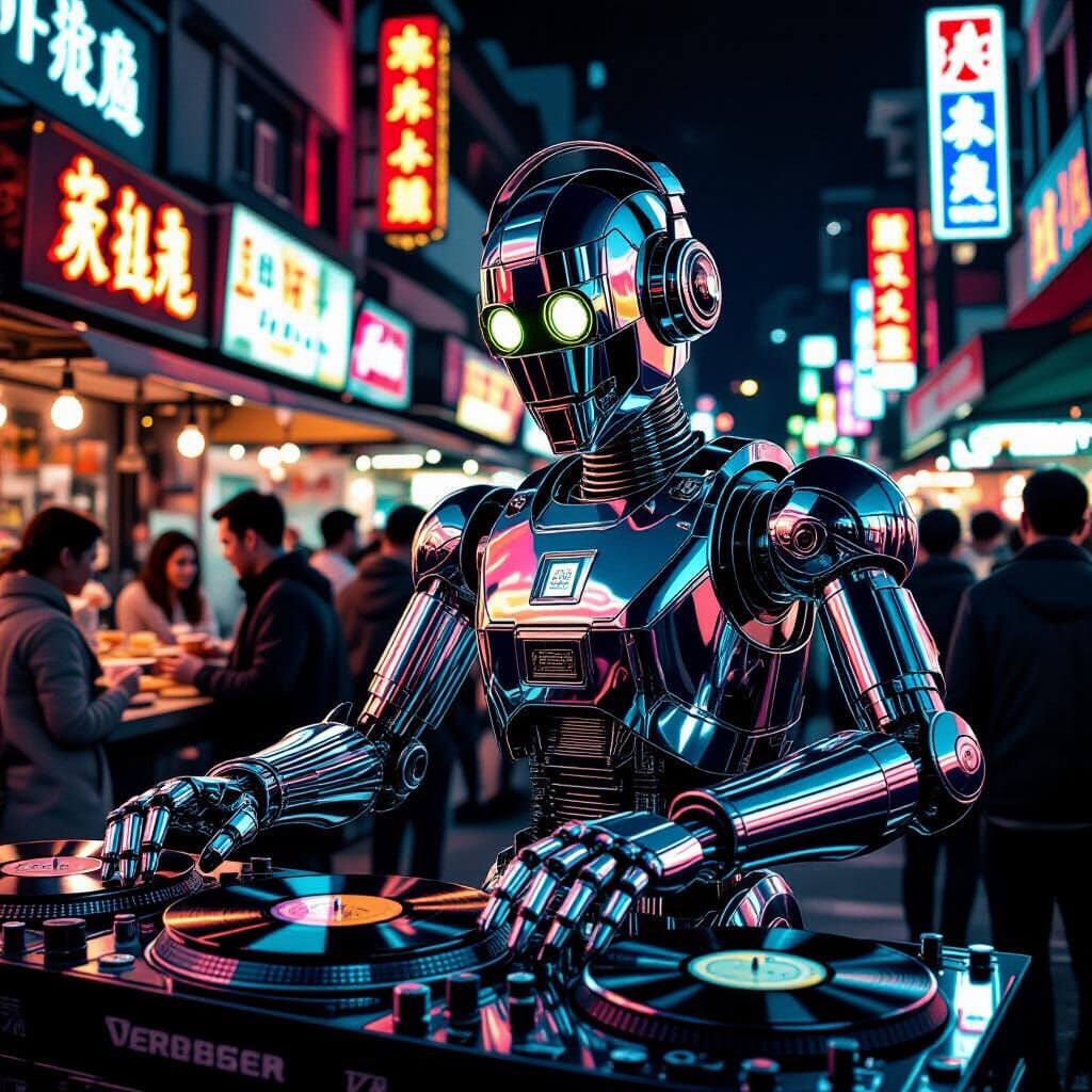 Vintage Robot DJ at Neon Night Market in Crosshatch Style