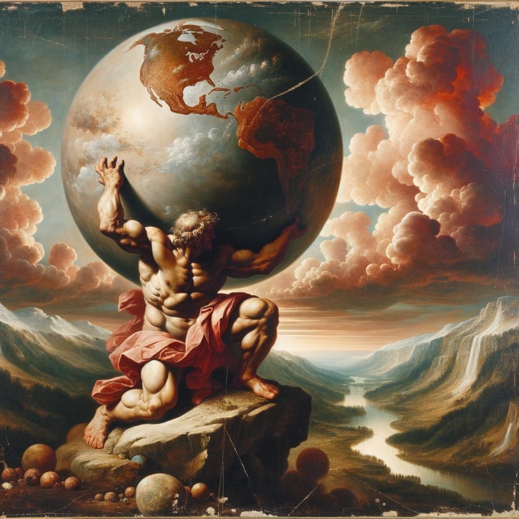 Atlas in Baroque Oil Painting, Bearing the Weight of the Wor...