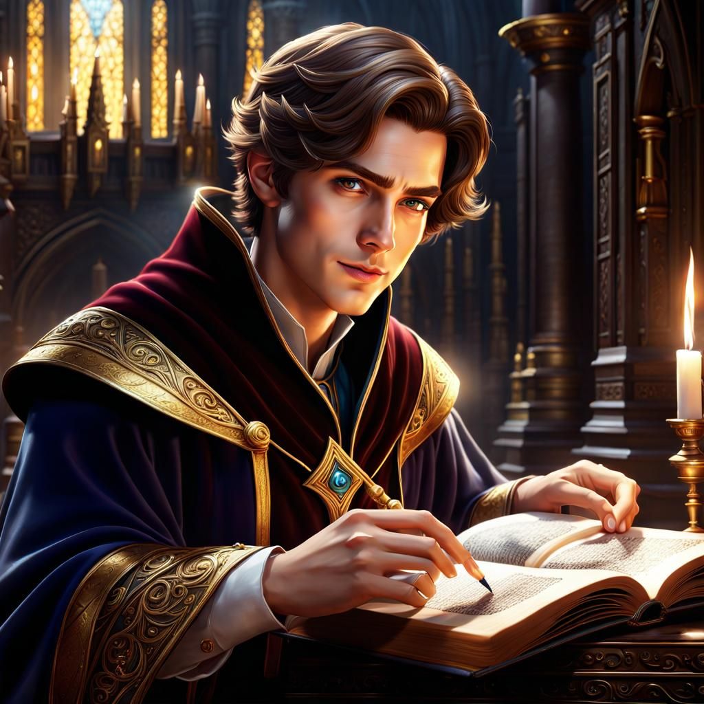 Young Wizard Studying Spellbook in Detailed Matte Painting