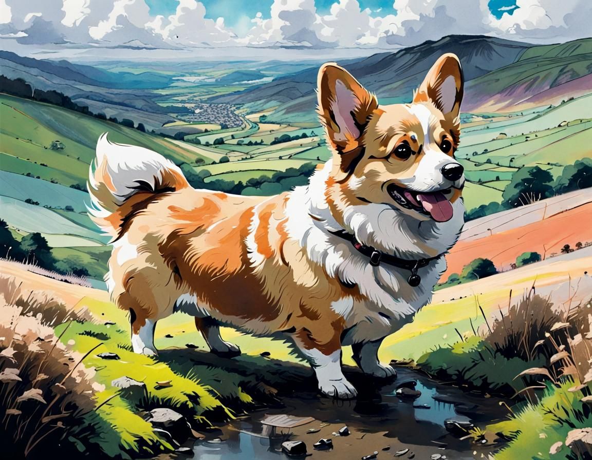 Fluffy Corgi in Welsh Lowlands as Ink Painting