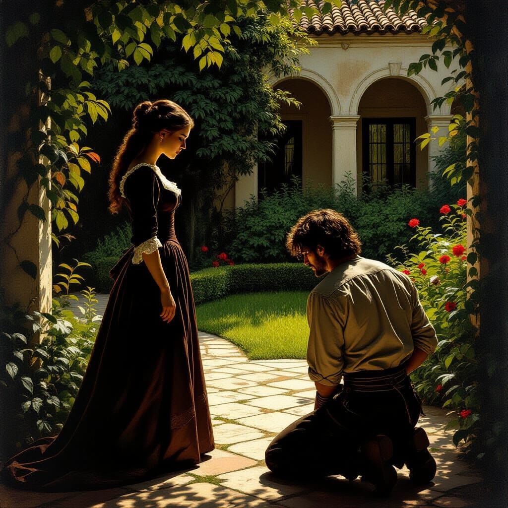 Tense Garden Scene: Woman Overlooks Kneeling Man