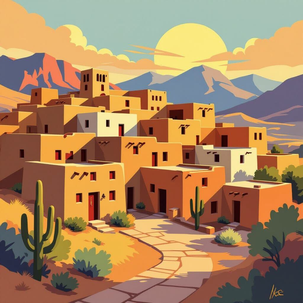 Taos Pueblo in Cubist Painting Style with Art Deco Elements
