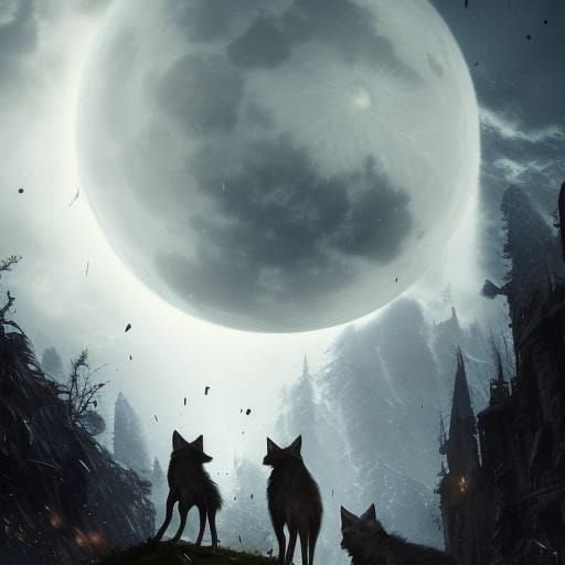 Wolf pack, full moon