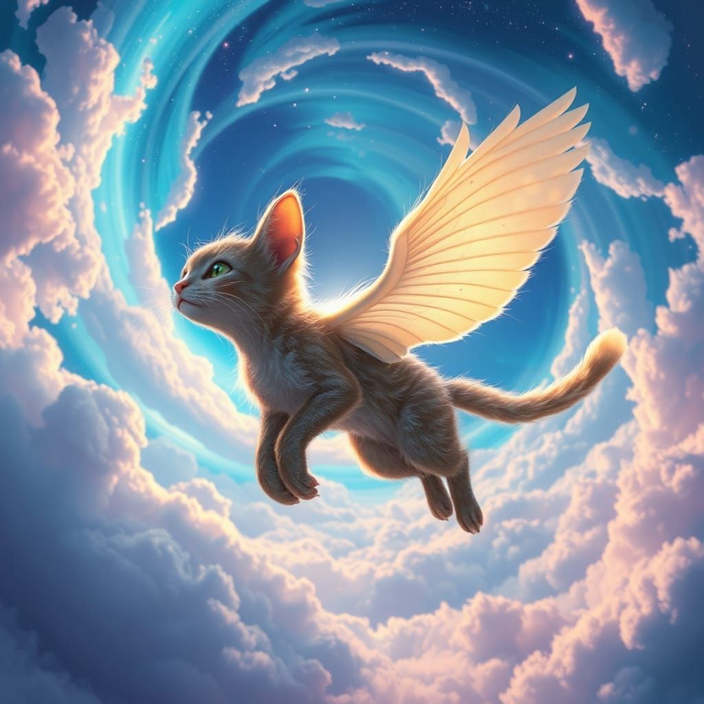 Winged Cat Soaring Through Aurora Sky: Fantasy Art