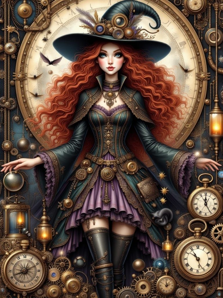 Steampunk Witch with Cat in Victorian Attire