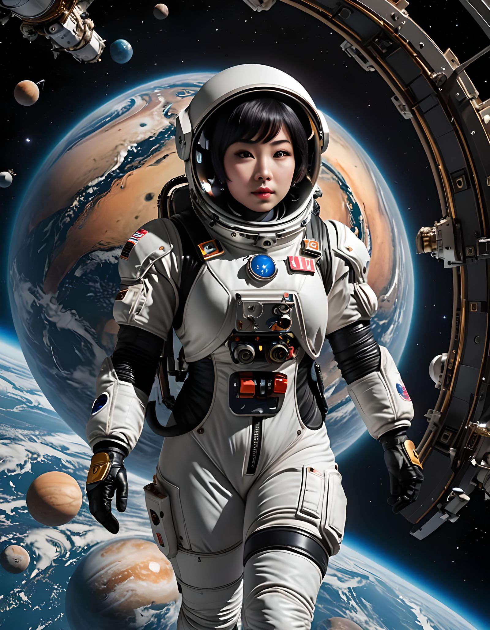 Japanese Goth Astronaut Floating Near Jupiter in 8K