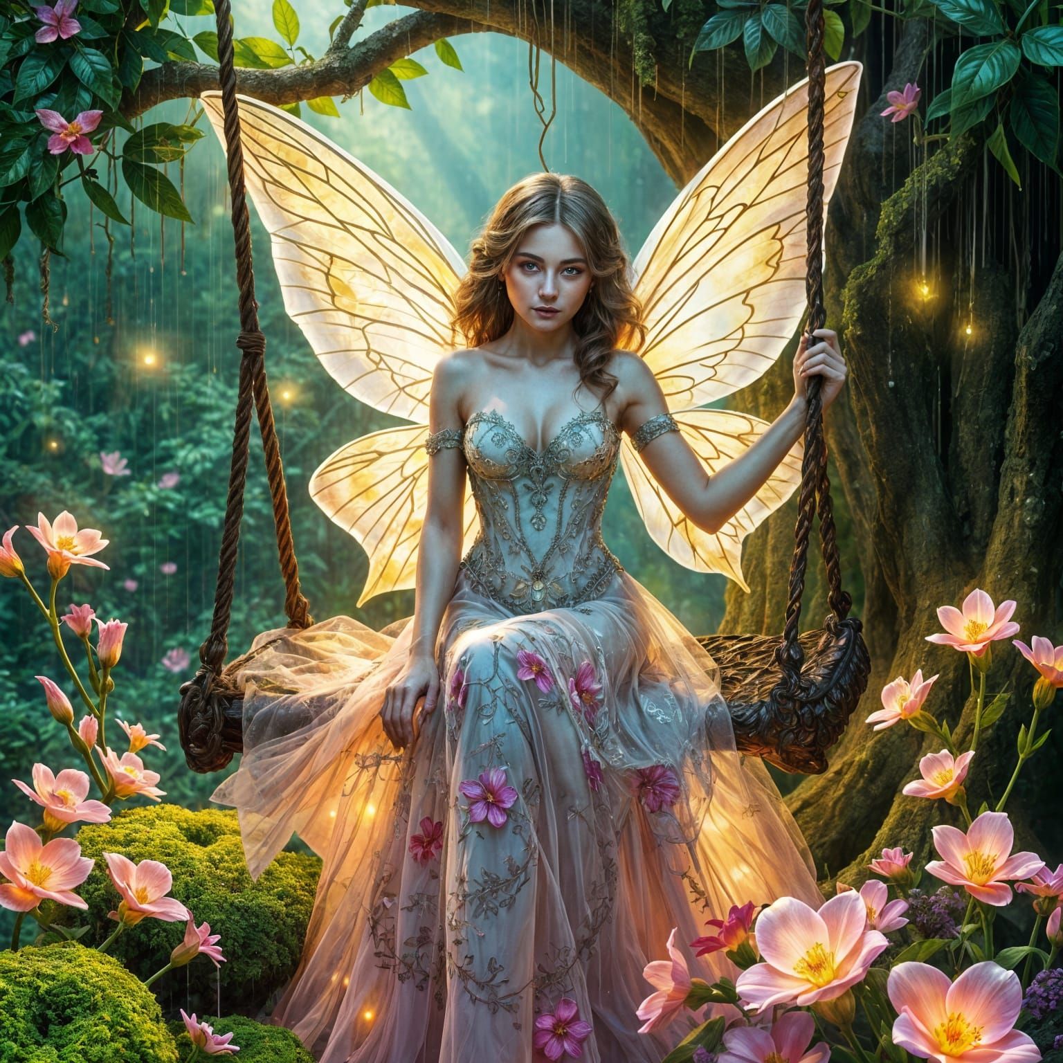 Beautiful Fairy on a Tree Swing in Rain